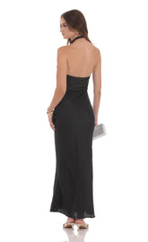 Satin Cross Halter Maxi Dress in Black